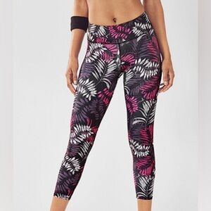 Fabletics Mid-Rise Powerlite Black and Pink Leaf Print Capri Leggings